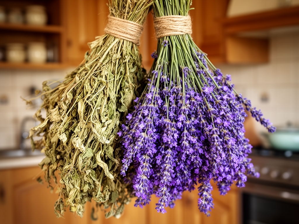 Bliski plan suvih lekovitih biljaka — licandr, majcina dusica i lavanda — vezanih kanapom i okacenih da se suse u toploj seoskoj kuhinji