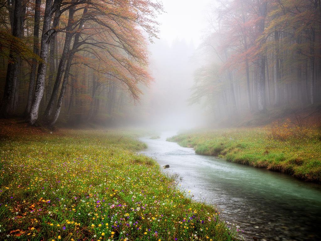 Planinska reka u jutarnjoj magli okruzena bukovom sumom u jesen, cistina puna divljih cvetova na reci obali, netaknuta priroda