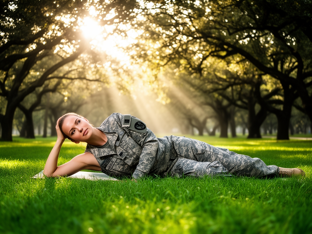 Mlada zena u pozi vojnika u toku jutarnje yoga prakse na zelenoj livadi okruzenoj drveccem, sunce probija kroz krosnju, dinamicna i mirna atmosfera