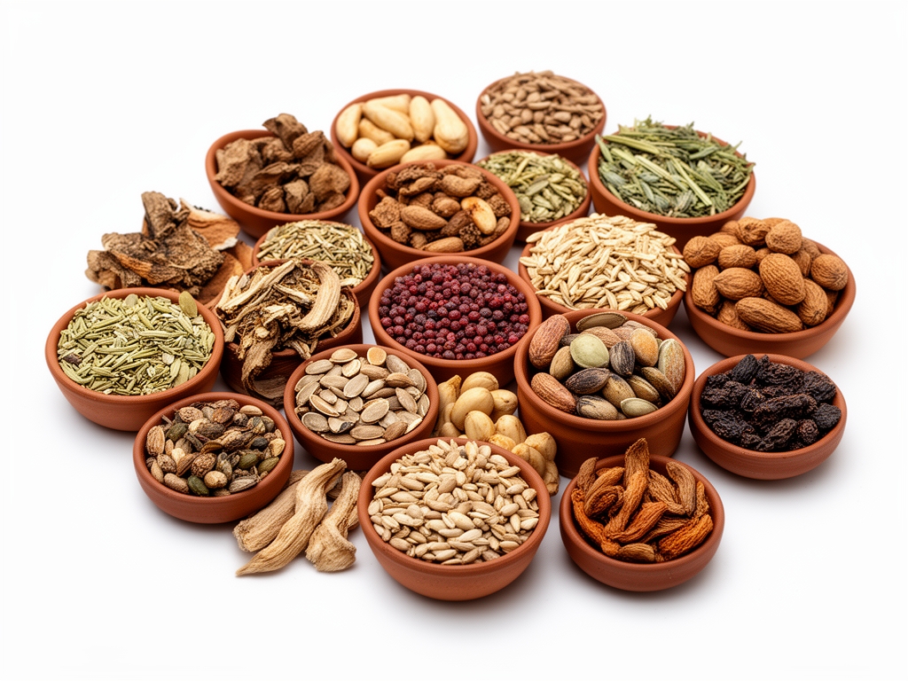 Krupni plan raznovrsnog semenja, orascida, suvih plodova i biljnih ekstrakata u malim keramickim cinijicama na beloj podlozi, detaljna studija prirodnih nutrijenata