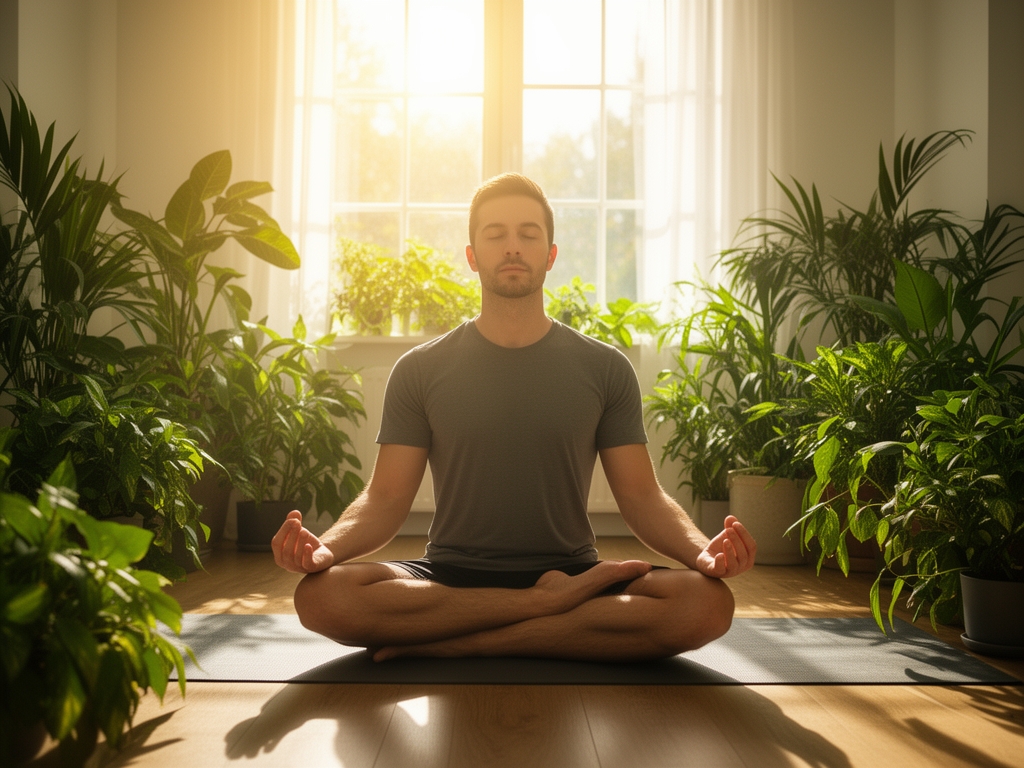 Covek u pozi lotos-a meditira u miru, okruzen zelenilom u suncanoj sobi, sunce probija kroz prozor, atmosfera mirnog oporavka