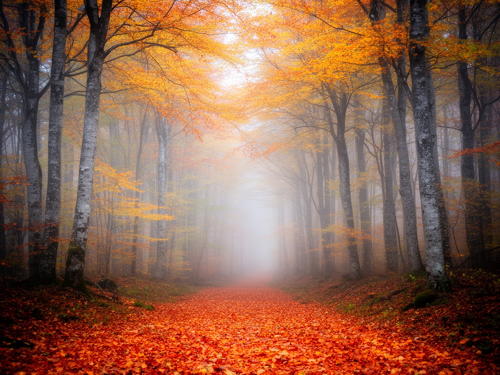 Jesen u sumi, zlatno-narandzasto lisje na putu kroz bukovu sumu, jutarnja magla, miran i tajanstven prirodni ambijent