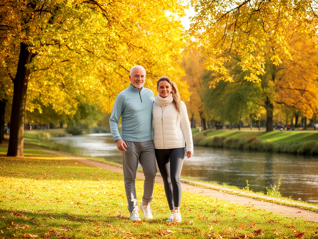 Par starsijeg uzrasta seta se suncanim parkom uz reku, okruzeni jesenjim drveccem u zlatno-zelenim tonovima, slika aktivnog i zdravog nacina zivota